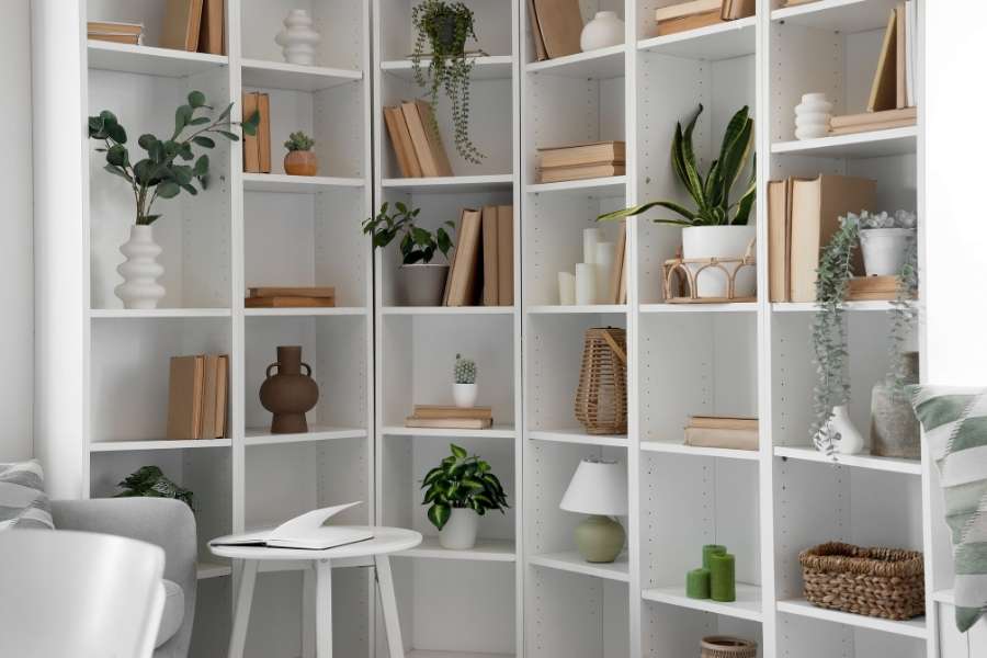 A large modular white custom bookcase filling a corner wall, filled with books, small plants, and decorative objects.
